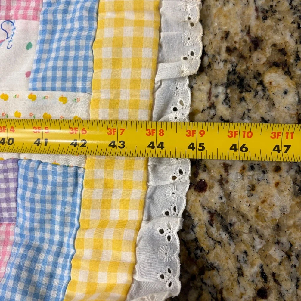 Vintage Handmade Baby Quilt Pastel Gingham Bunny Log Cabin Eyelet Trim 44x45